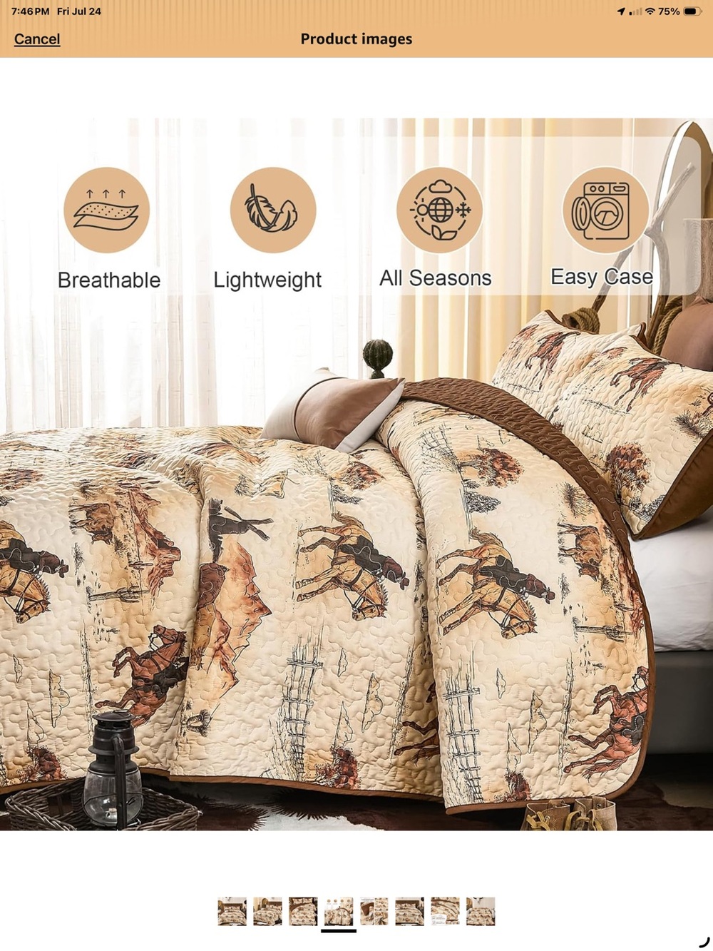 Western Cowboy Bronco Horse Ranch Print Quilt Set Beige & Brown Queen - Picture 4 of 7